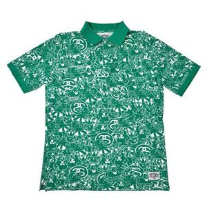 Vintage Stussy Polo Shirt Mens Size Medium Green All Over Print Y2K